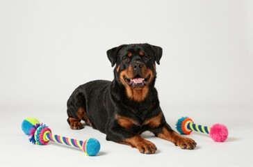 Fototapeta premium Happy Rottweiler Dog Relaxing with Colorful Toys on White Background, Pet Wellness and Canine Companionship