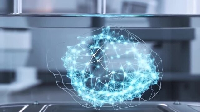 Scaffold of glowing stem cells multiplying and weaving into a healthy tissue matrix in a sterile nutrient solution concept of tissue regeneration and healing