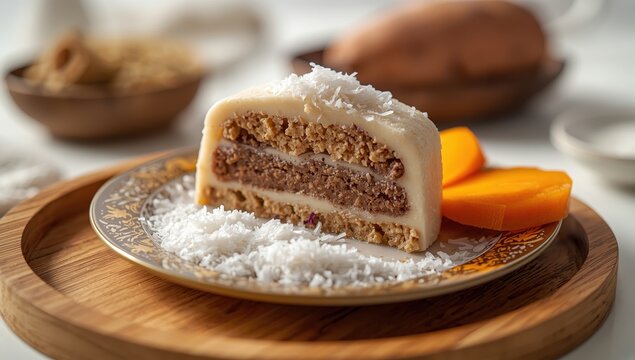Kue talam is a traditional Indonesian moist cake made with wheat flour, rice flour, sugar, salt, coconut milk, and sweet potato, steamed to perfection
