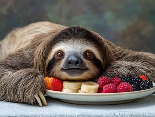 Naklejka premium sloth and a plate of fruit