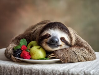 Naklejka premium sloth and a plate of fruit