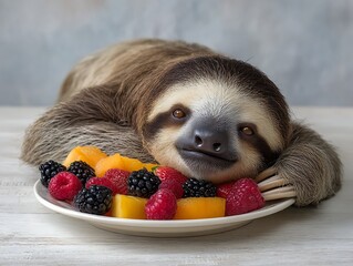 Naklejka premium sloth and a plate of fruit