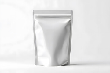 Sealed white packaging bag ready for various contents in a minimalistic setting