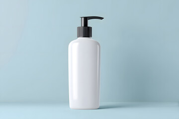 White pump bottle on a solid blue background, showcasing a simple and modern design for personal care products