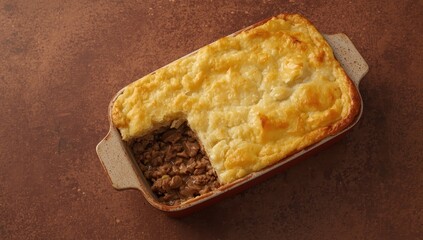 Baked Shepherd's or Cottage Pie on a brown surface. Classic Irish and British meal. Top view