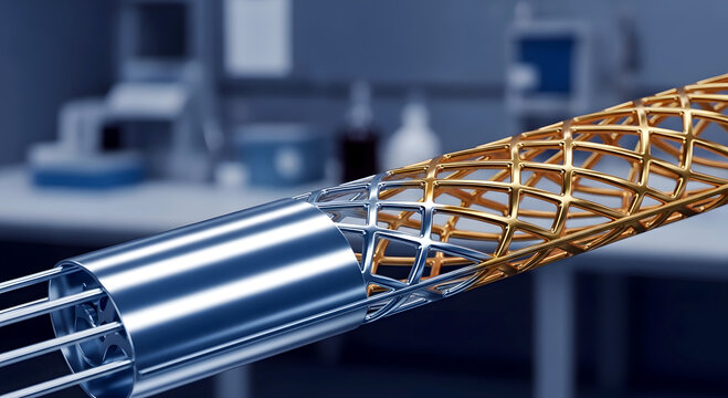 Close up of medical grade bicolor metal stent with gold and silver finish. Advanced vascular surgery and biomedical engineering concept