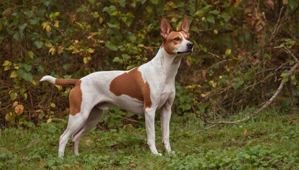 A white and red Epagnol Breton dog stands alert after sensing a bird during a nature hunt
