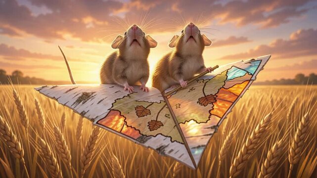 Adventurous Mice on a Map in Golden Field
