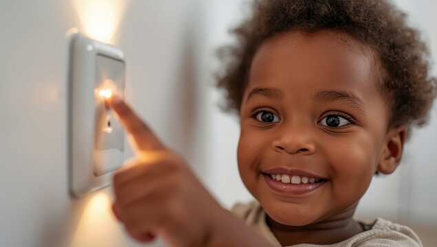 kid activating light switch with blank space