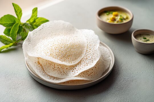 Kerala appam (lacy rice pancake) served with creamy vegetable stew in a small bowl