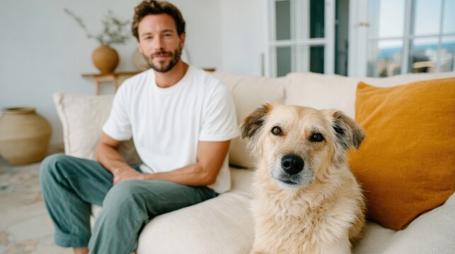 A relaxed man sits on a couch next to his lovable dog, showcasing a peaceful moment in a stylish living room filled with natural light and warm colors.