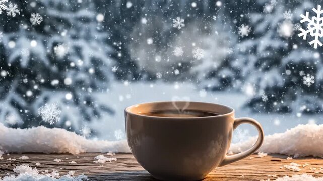 Hot cup with heart steam on snowy table in winter forest