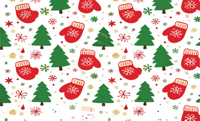 Naklejka premium Christmas Seamless Pattern with Red Mittens Green Fir Trees Snowflakes and Festive Holiday Decorations Vector Background