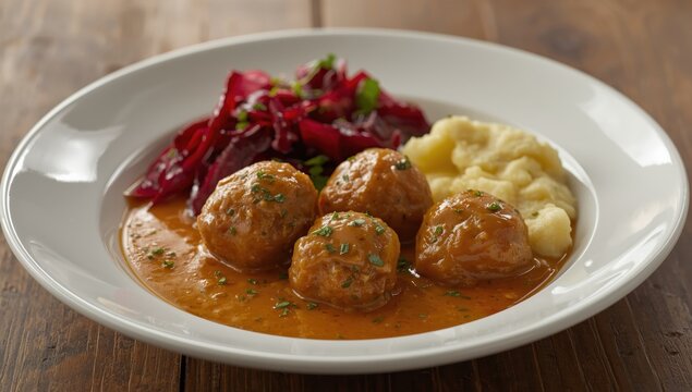 Close-up of meatballs in creamy gravy with mashed potatoes and beet salad on a plate. Horizontal