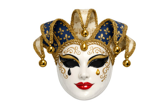 Venetian jester mask with golden bells on transparent background