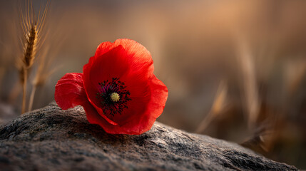 Obraz premium A Single Wild Poppy Growing on a Stone Surface