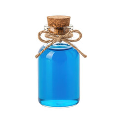 Vibrant blue liquid in glass bottle with cork and rope