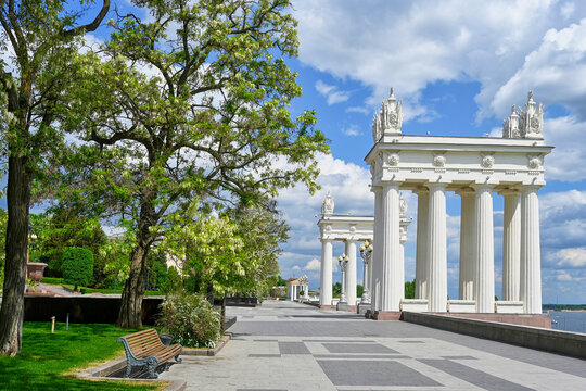 Victory Park of Volgograd with white propylaea columns on a sunny day, Volgograd region of Russia