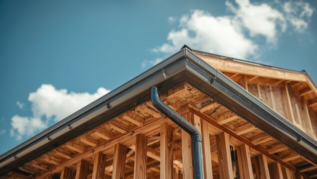 In-progress home construction with joists, plywood, gutter brackets, and soffit fascia