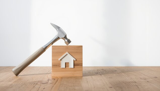 Flat icon of a hammer and wrench on a wooden cube, set on a table against a white wall, representing home services