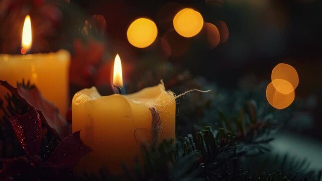 A festive scene with a small Christmas tree adorned with twinkling lights and candles casting a warm glow.