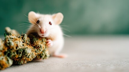 A curious white mouse explores a cannabis flower, showcasing the intricate details of both the creature and the plant in a vibrant, artistic setting that's truly captivating.