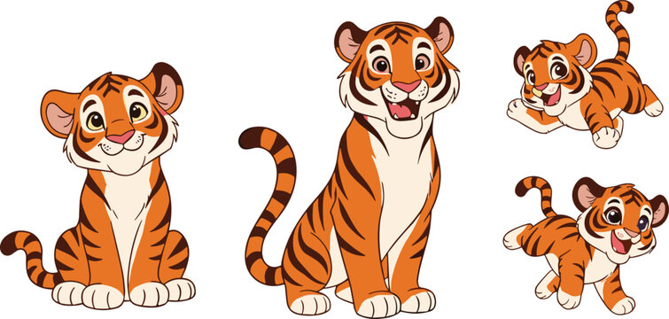 Cute cartoon tiger cub characters collection with playful poses adorable baby animal vector illustration set isolated