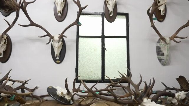 Wall of a taxidermy studio covered with deer skulls and antlers. Professional hunting trophies with identification tags in a rustic workshop.