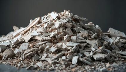 A chaotic heap of broken drywall and gypsum boards exposes their paper layers and white mineral core