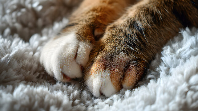 Soft and Fluffy Cat Paws Kneading on a Cozy Blanket with Claws Extended in a Calm and Warm Environment