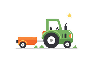 Fototapeta premium Green Tractor with Orange Trailer on Grass Field farm