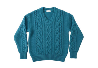 Teal blue knitted sweater with cable pattern isolated on white