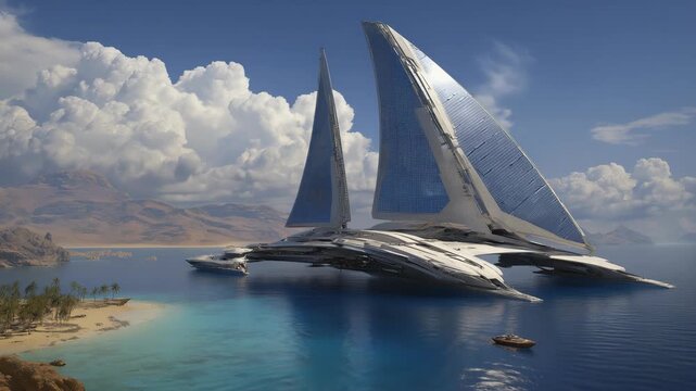 Futuristic giant sailboat with metallic silver sails gliding across still ocean water under blue sky light, cinematic seascape blending innovation and serene luxury.