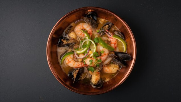 Latin American cold seafood soup featuring mussels, clams, shrimp, lime, and onion, served in a copper bowl on a slate backdrop. Traditional Peruvian or Chilean dish