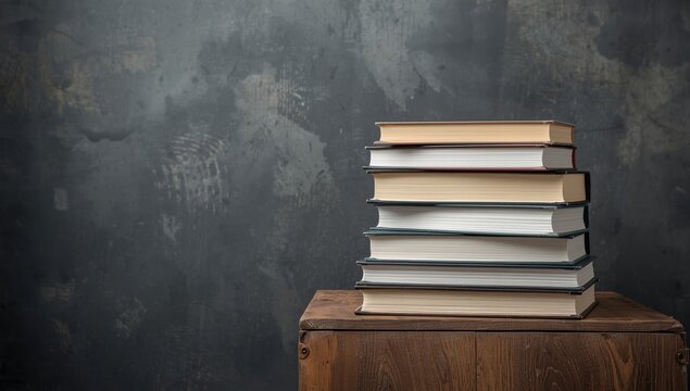 Books on a wooden crate in a factory setting, top book photo, stacked books with a backdrop