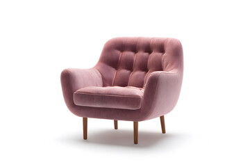 Soft pink chair with rounded shape and wooden legs placed on a plain background in a modern setting for comfortable seating