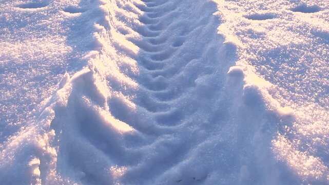 Close view of a single snowy tire groove as warm low sun highlights crystal texture and depth.