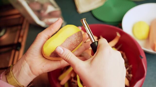 Close-up hands peeling a potato with a vegetable peeler over a red bowl of peels on a kitchen counter. Simple home meal prep, cooking routine, low waste lifestyle concept.