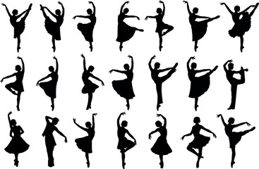 Elegant ballet dancer silhouettes collection showcasing arabesque, pirouette, plié poses in graceful black vector art for design projects. © MD Anas