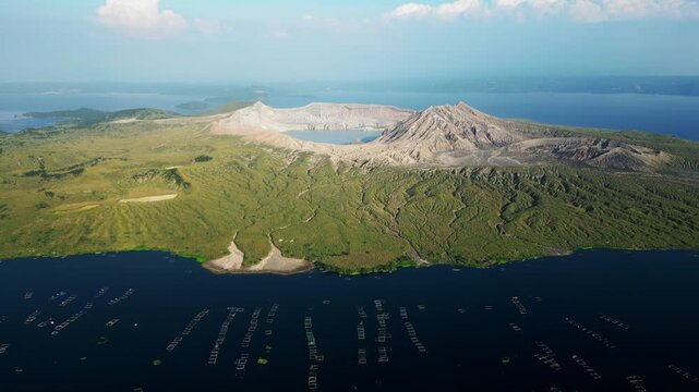 Clean minimalist aerial composition of Taal Volcano surrounded by open lake, emphasizing form and simplicity.