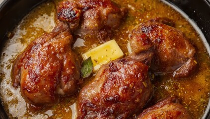 Cast iron skillet with organic pork carbonades, browned and glazed in butter, surrounded by a flavorful gravy