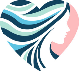 A beautiful, stylized graphic of a woman's profile emerging from a heart shape, featuring flowing hair with teal, blue, and white wavy lines, perfect for beauty, wellness, or feminine-themed