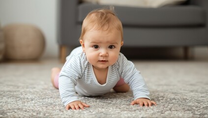 Infant exploring the floor while developing skills; a playful girl showcasing mobility and health