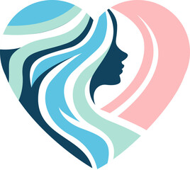 A stylized and elegant silhouette of a woman's profile intertwined with flowing, wave-like hair, forming a heart shape, representing love and beauty in a minimalist and modern graphic design