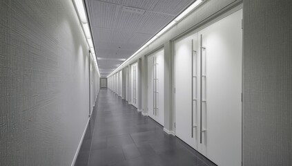 Gray corridor featuring white and metallic doors, with textured walls, ceiling tiles, and tiled flooring