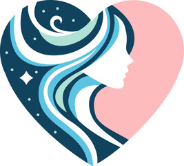 A serene and elegant stylized portrait of a woman with flowing hair, integrated within a pink heart-shaped frame, evoking themes of love, beauty, and celestial elements, suitable for various