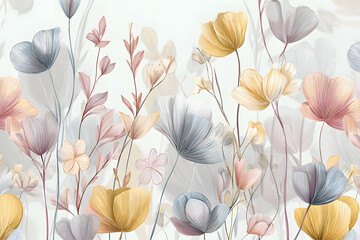 Colorful floral design with soft petals and leaves in light tones on a pale background