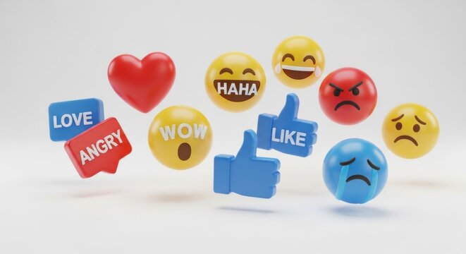 A collection of colorful emojis and social media icons on a white background