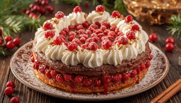 Italian cuisine. Tasty Zuccotto pandoro with Raffaello cream. Festive cake adorned with red currants. Holiday celebrations