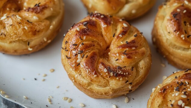 Delicious pastry stuffed with leek, baked or fried, topped with sesame and black cumin. Rose pastry